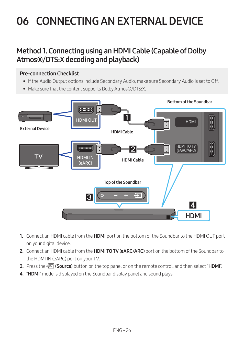 06 connecting an external device, Connecting an external device, E 26) | Hdmi | Samsung Q Series HW-Q600C 360W 3.1.2-Channel Dolby Atmos Soundbar System User Manual | Page 26 / 45