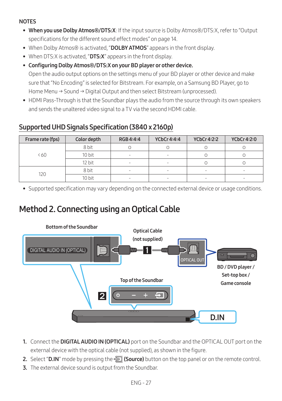 Method 2. connecting using an optical cable, E 27, D.in | Samsung Q Series HW-Q600C 360W 3.1.2-Channel Dolby Atmos Soundbar System User Manual | Page 27 / 45