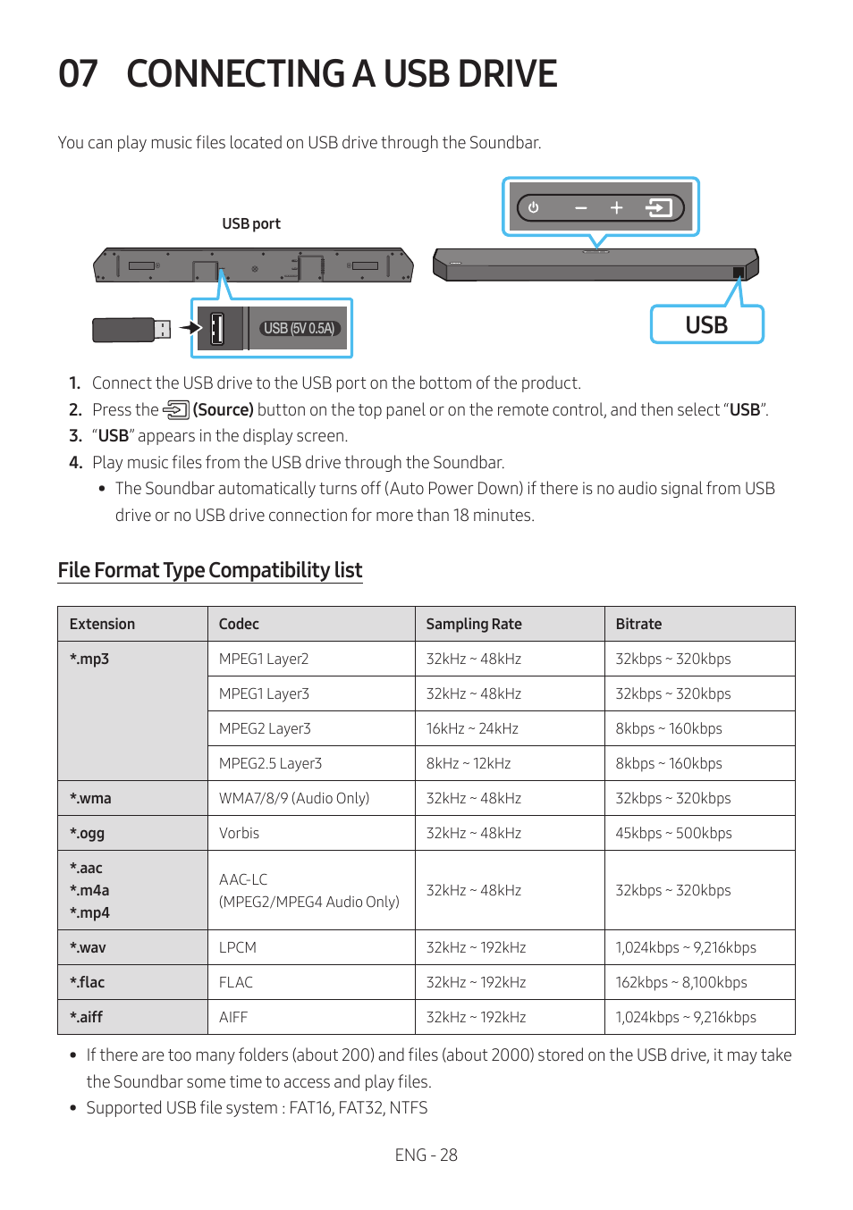 07 connecting a usb drive, Connecting a usb drive, E 28 | File format type compatibility list | Samsung Q Series HW-Q600C 360W 3.1.2-Channel Dolby Atmos Soundbar System User Manual | Page 28 / 45