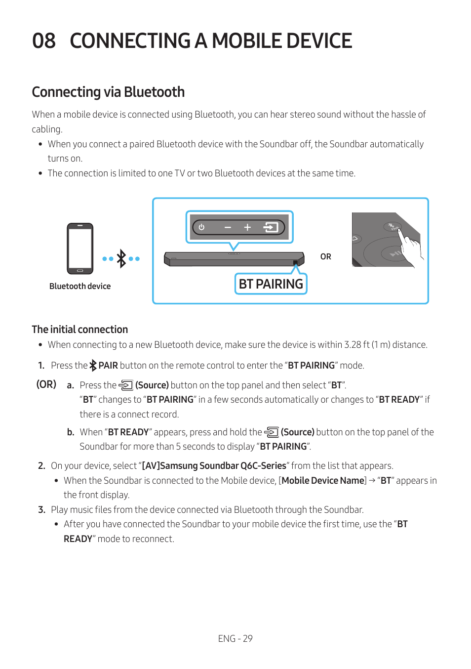 08 connecting a mobile device, Connecting via bluetooth, Connecting a mobile device | Bt pairing | Samsung Q Series HW-Q600C 360W 3.1.2-Channel Dolby Atmos Soundbar System User Manual | Page 29 / 45