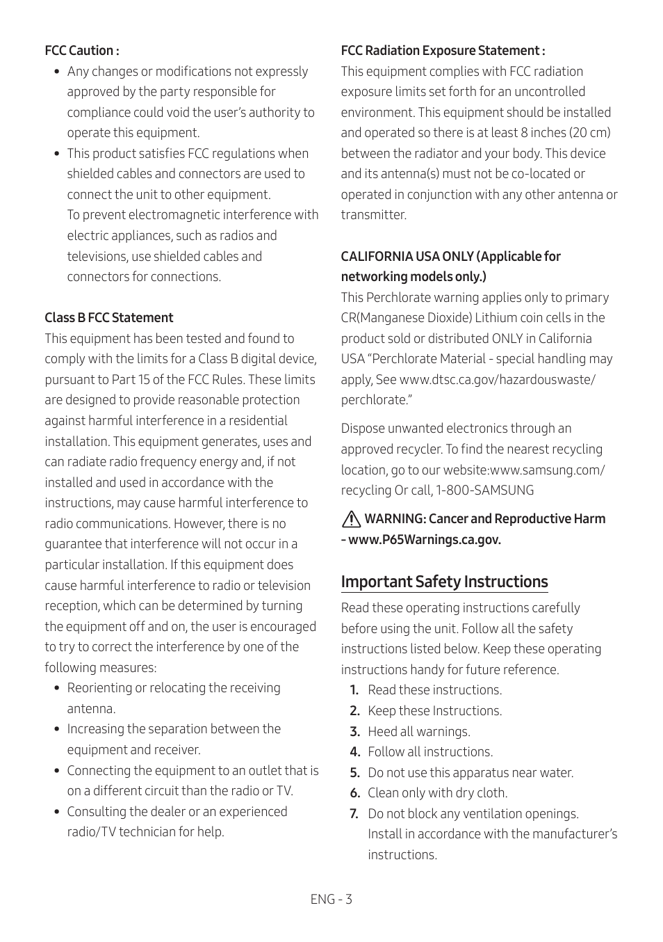 Important safety instructions | Samsung Q Series HW-Q600C 360W 3.1.2-Channel Dolby Atmos Soundbar System User Manual | Page 3 / 45