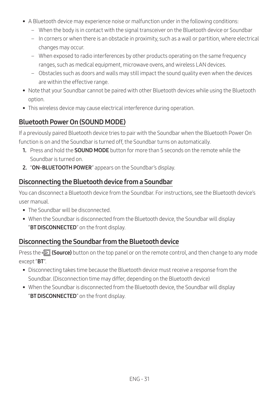 Bluetooth power on (sound mode), Disconnecting the bluetooth device from a soundbar | Samsung Q Series HW-Q600C 360W 3.1.2-Channel Dolby Atmos Soundbar System User Manual | Page 31 / 45