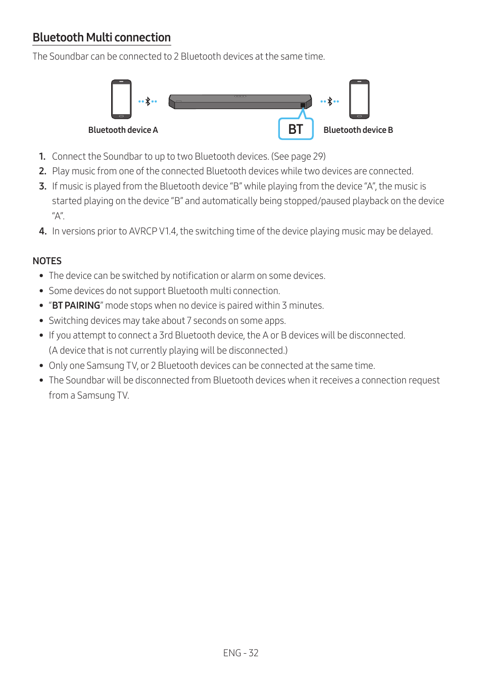 Bluetooth multi connection | Samsung Q Series HW-Q600C 360W 3.1.2-Channel Dolby Atmos Soundbar System User Manual | Page 32 / 45