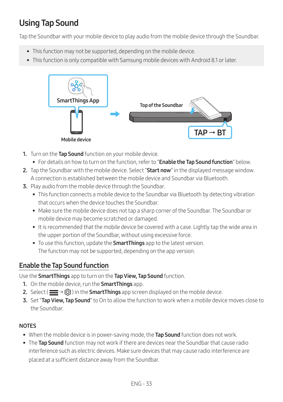 Using tap sound, Tap  bt, Enable the tap sound function | Samsung Q Series HW-Q600C 360W 3.1.2-Channel Dolby Atmos Soundbar System User Manual | Page 33 / 45