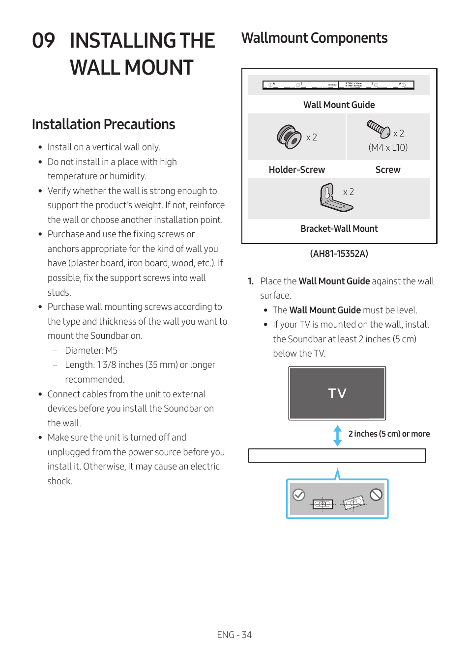 09 installing the wall mount, Installation precautions, Wallmount components | Installing the wall mount | Samsung Q Series HW-Q600C 360W 3.1.2-Channel Dolby Atmos Soundbar System User Manual | Page 34 / 45