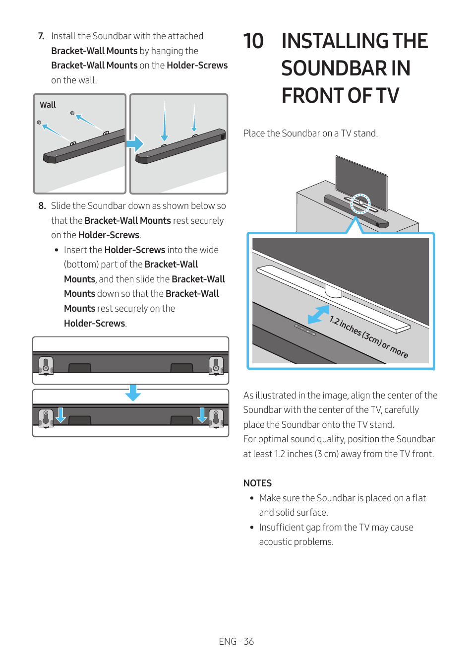 10 installing the soundbar in front of tv, Installing the soundbar in front of tv | Samsung Q Series HW-Q600C 360W 3.1.2-Channel Dolby Atmos Soundbar System User Manual | Page 36 / 45