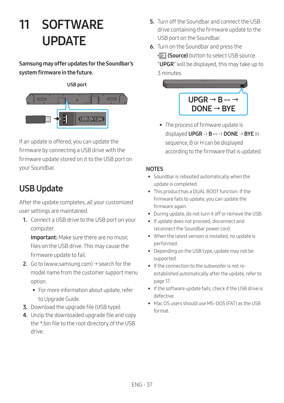 11 software update, Usb update, Software update | Upgr  b --  done  bye | Samsung Q Series HW-Q600C 360W 3.1.2-Channel Dolby Atmos Soundbar System User Manual | Page 37 / 45