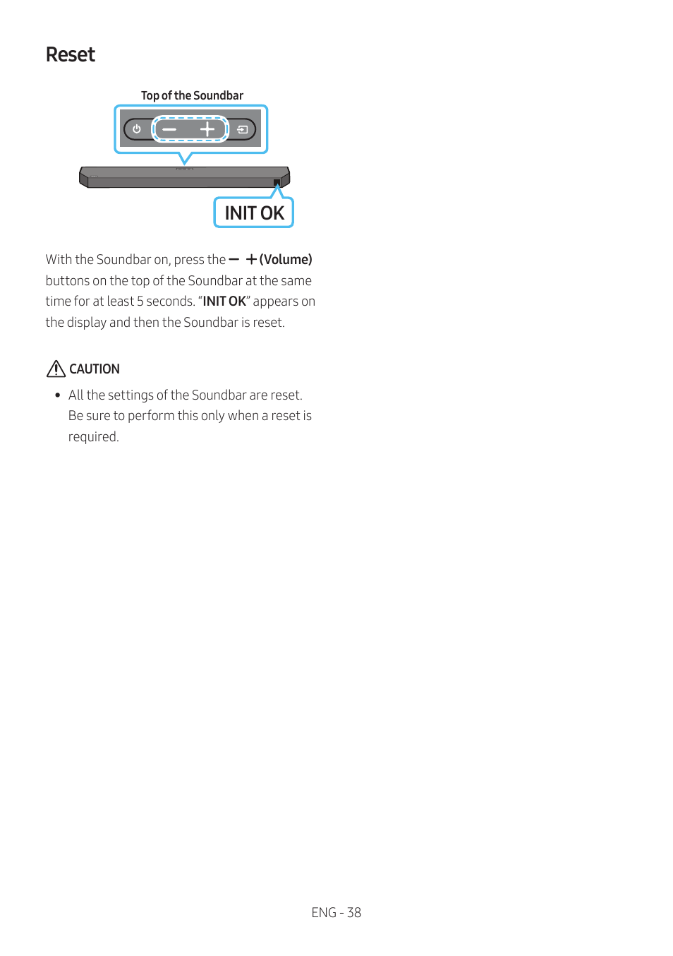 Reset, Init ok | Samsung Q Series HW-Q600C 360W 3.1.2-Channel Dolby Atmos Soundbar System User Manual | Page 38 / 45