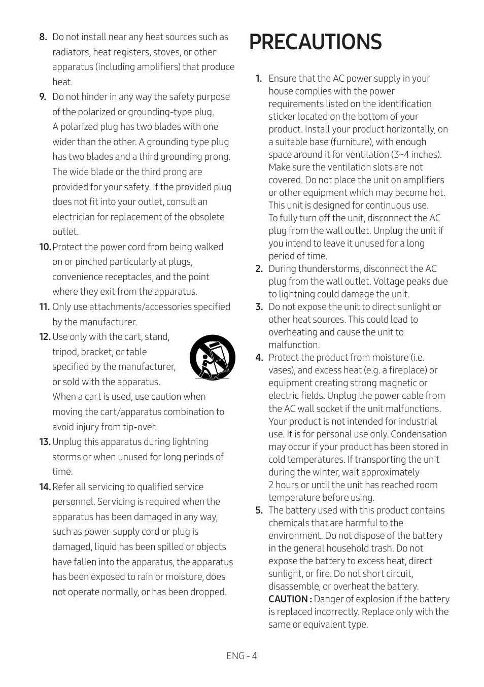 Precautions | Samsung Q Series HW-Q600C 360W 3.1.2-Channel Dolby Atmos Soundbar System User Manual | Page 4 / 45