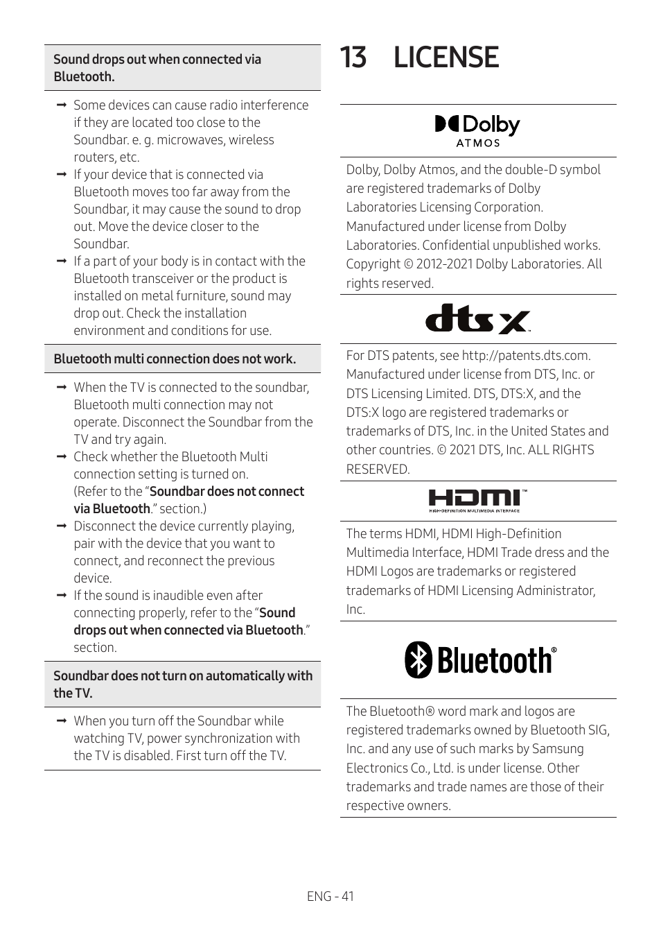 13 license | Samsung Q Series HW-Q600C 360W 3.1.2-Channel Dolby Atmos Soundbar System User Manual | Page 41 / 45