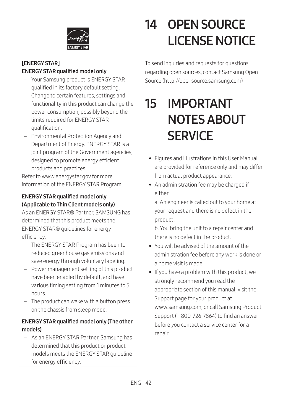 14 open source license notice, 15 important notes about service, Open source license notice | Important notes about service | Samsung Q Series HW-Q600C 360W 3.1.2-Channel Dolby Atmos Soundbar System User Manual | Page 42 / 45