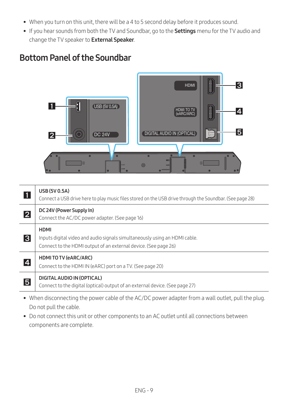 Bottom panel of the soundbar | Samsung Q Series HW-Q600C 360W 3.1.2-Channel Dolby Atmos Soundbar System User Manual | Page 9 / 45