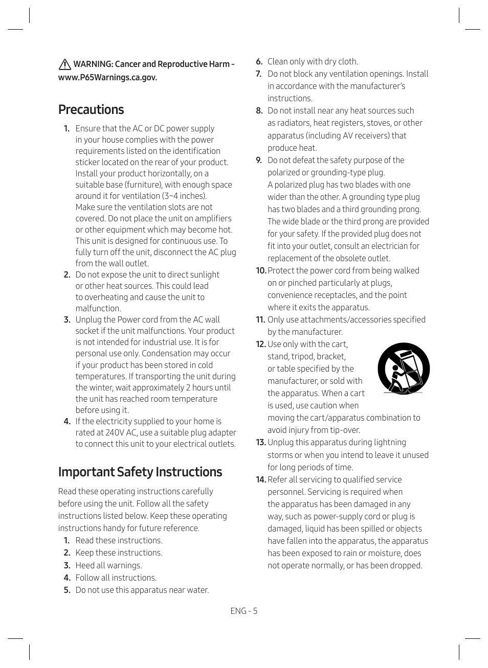 Precautions, Important safety instructions | Samsung SWA-W510 6.5" Wireless Subwoofer for S-Series Soundbars User Manual | Page 5 / 11