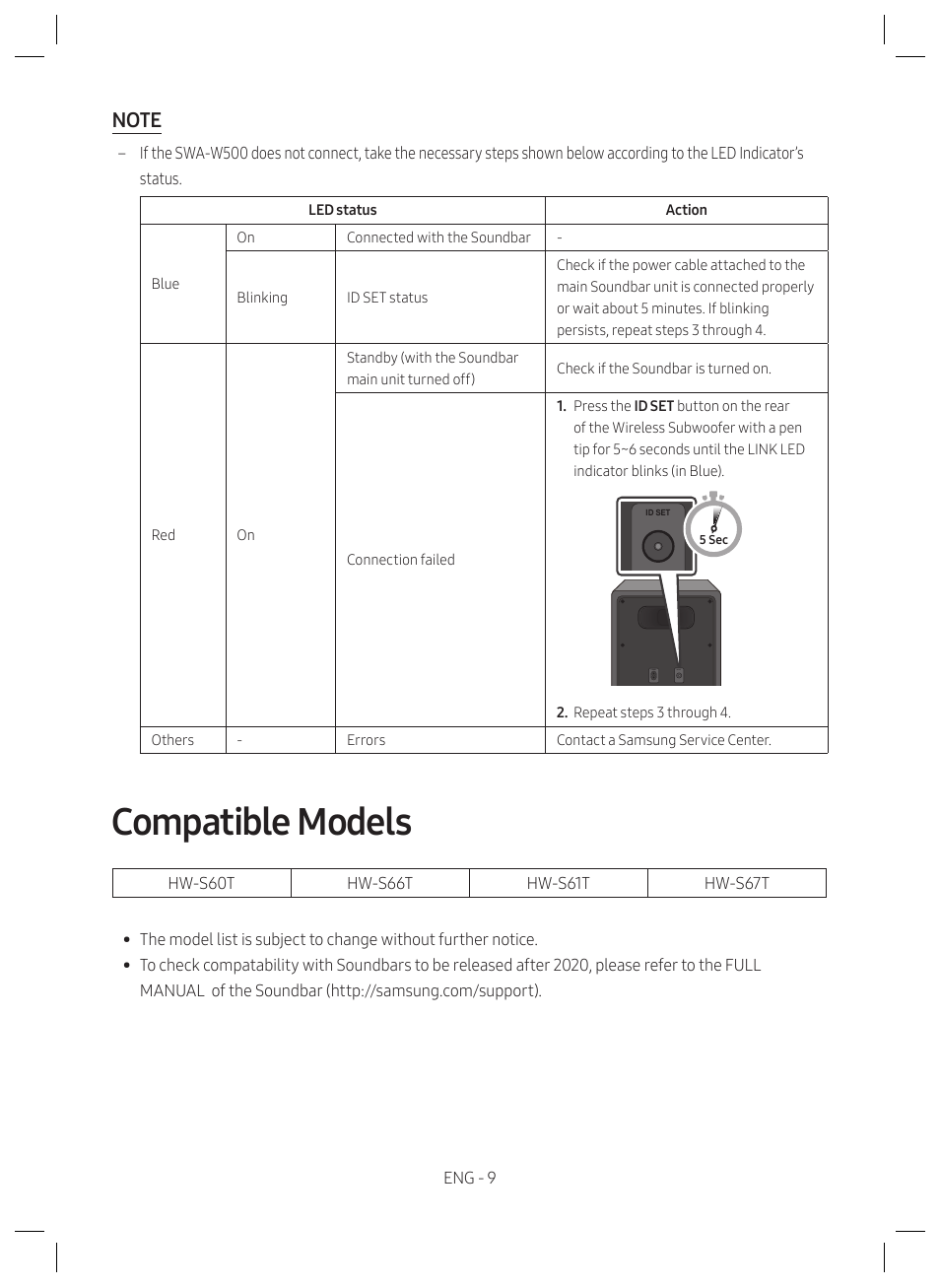 Compatible models, Eng - 8 eng - 9, R→ g → b | The connection is complete. c | Samsung SWA-W510 6.5" Wireless Subwoofer for S-Series Soundbars User Manual | Page 9 / 11