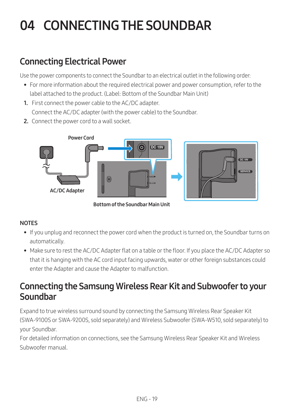 04 connecting the soundbar, Connecting electrical power, Connecting the soundbar | E 19 | Samsung HW-S60B 5-Channel Soundbar User Manual | Page 19 / 48