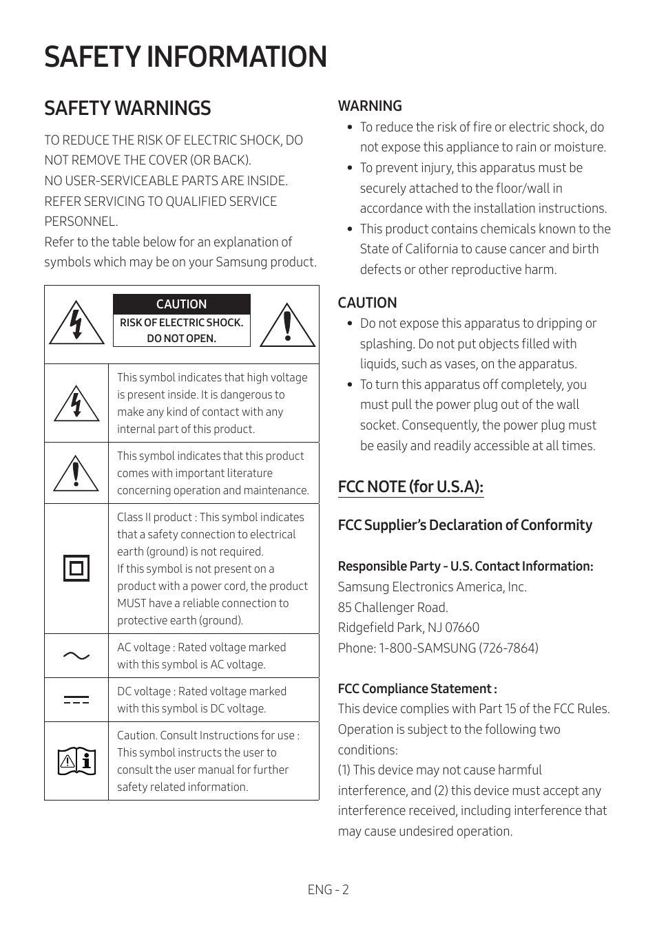 Safety information, Safety warnings | Samsung HW-S60B 5-Channel Soundbar User Manual | Page 2 / 48