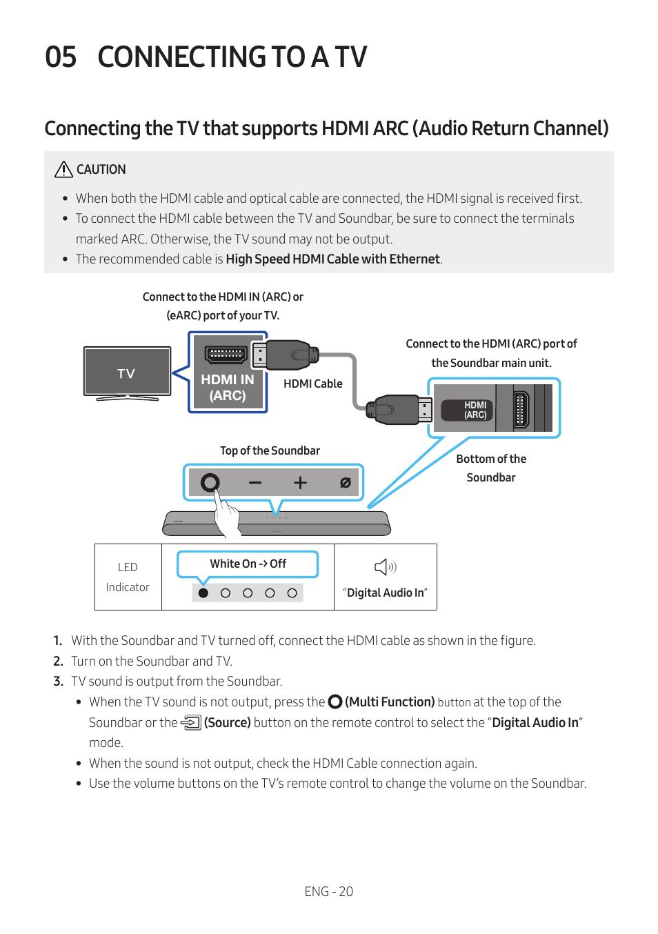 05 connecting to a tv, Connecting to a tv | Samsung HW-S60B 5-Channel Soundbar User Manual | Page 20 / 48