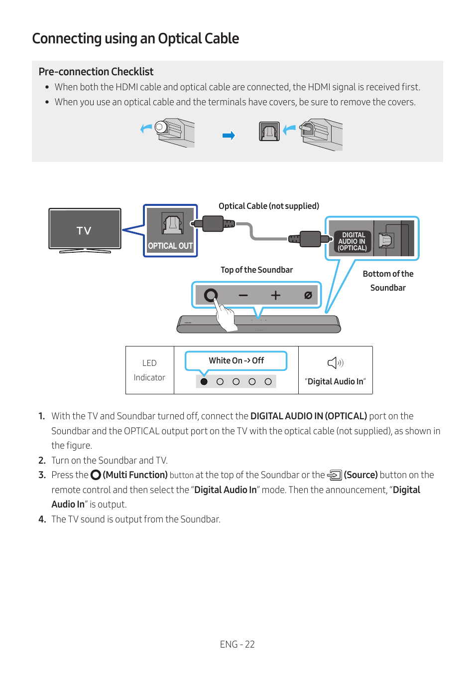 Connecting using an optical cable | Samsung HW-S60B 5-Channel Soundbar User Manual | Page 22 / 48