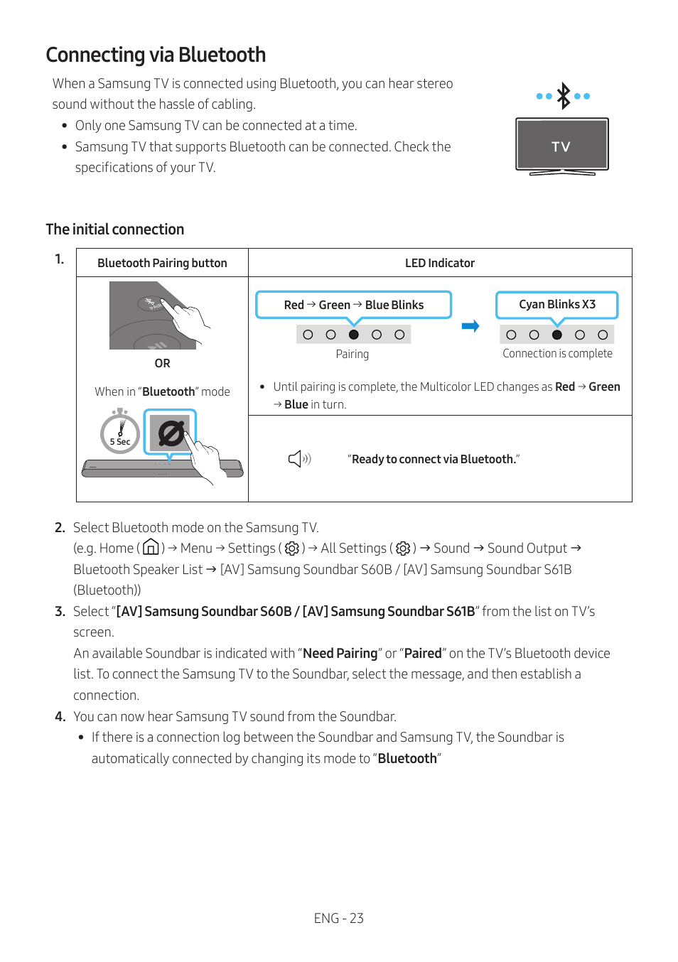 Connecting via bluetooth | Samsung HW-S60B 5-Channel Soundbar User Manual | Page 23 / 48