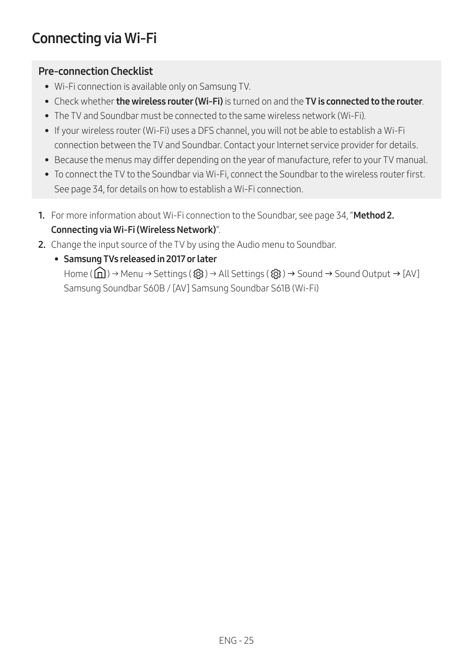 Connecting via wi-fi | Samsung HW-S60B 5-Channel Soundbar User Manual | Page 25 / 48