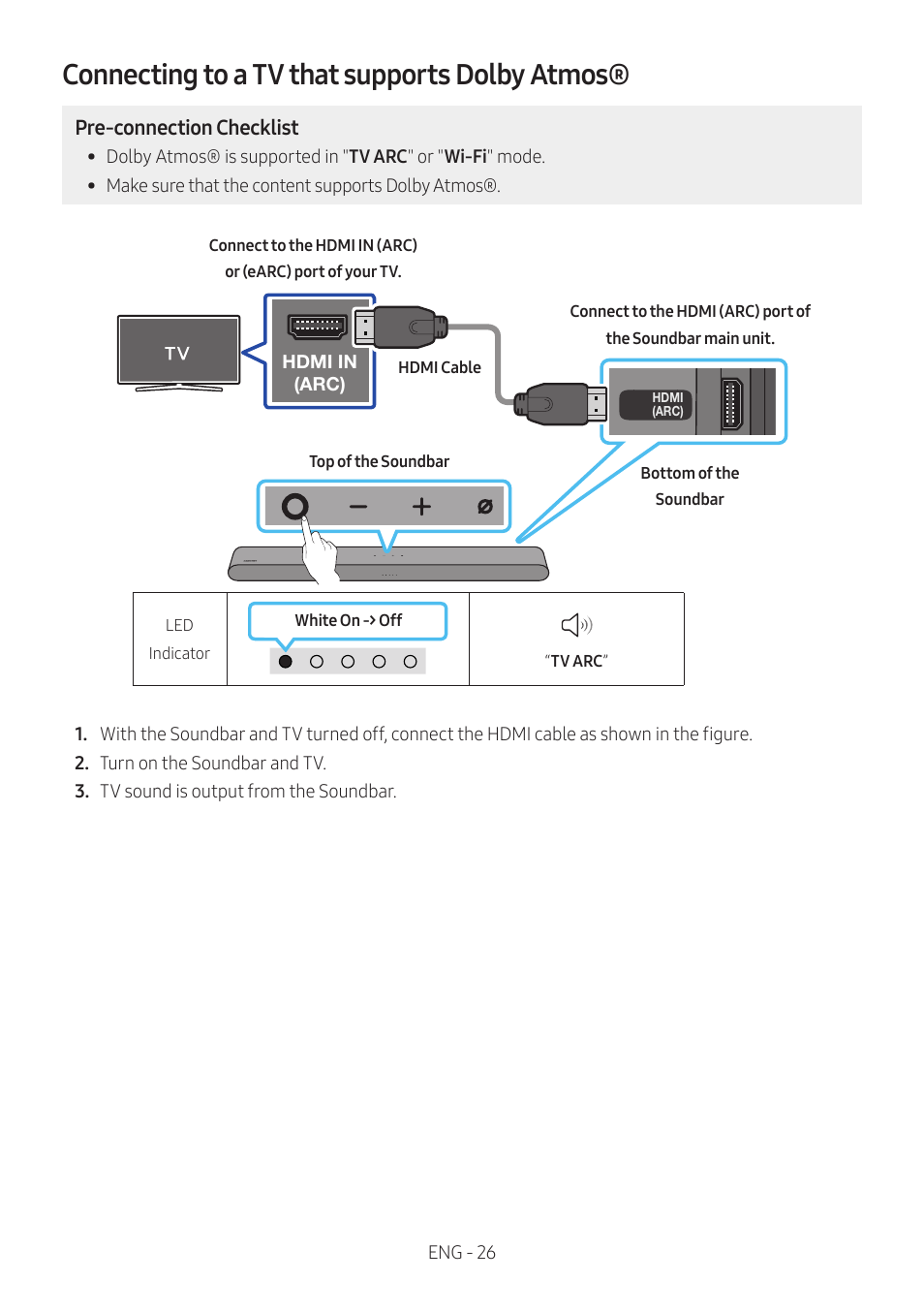 Connecting to a tv that supports dolby atmos | Samsung HW-S60B 5-Channel Soundbar User Manual | Page 26 / 48