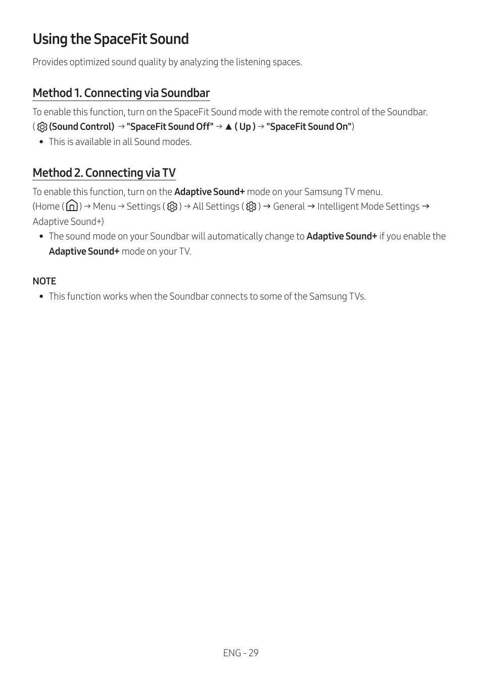 Using the spacefit sound, Method 1. connecting via soundbar, Method 2. connecting via tv | Samsung HW-S60B 5-Channel Soundbar User Manual | Page 29 / 48