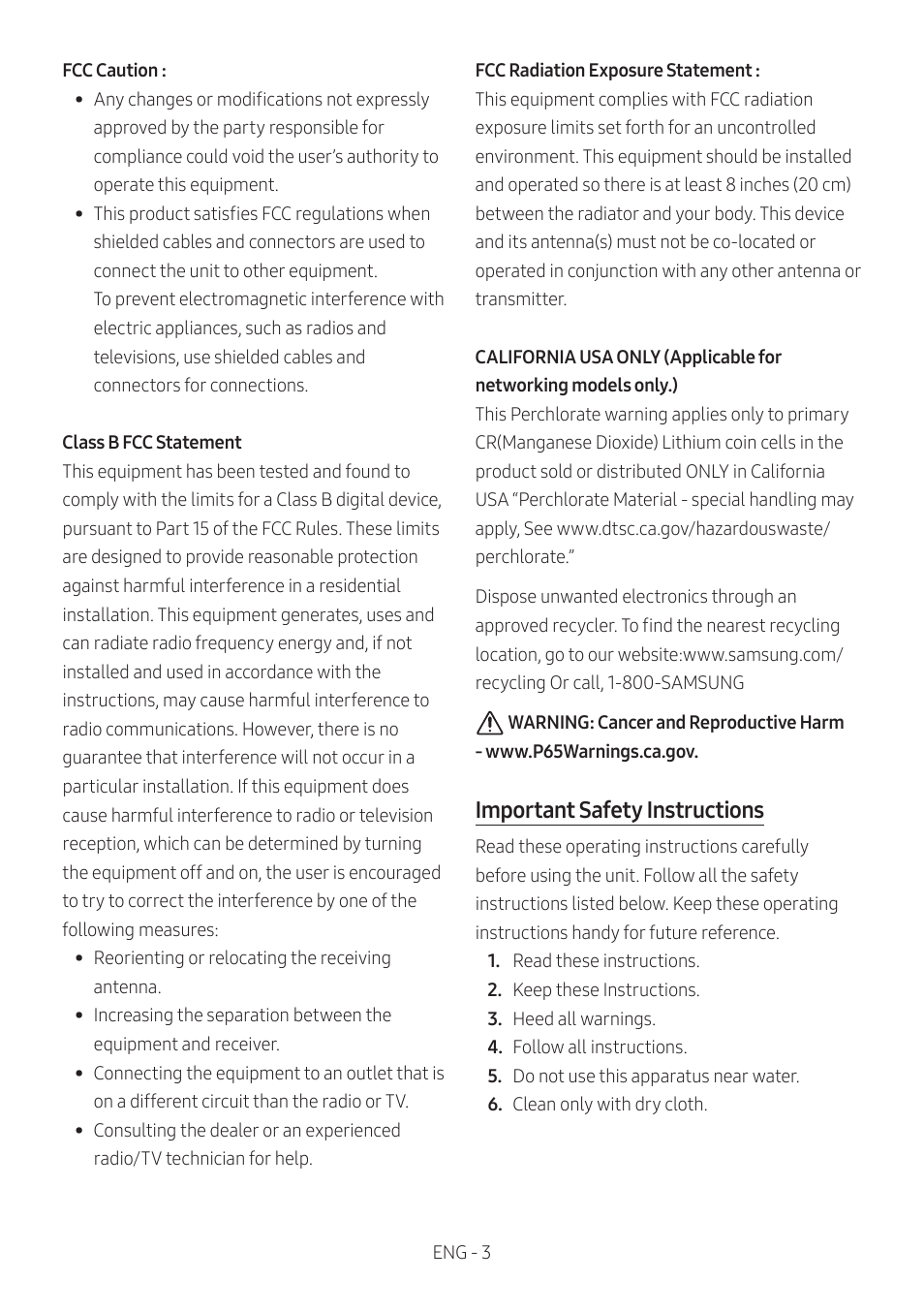 Important safety instructions | Samsung HW-S60B 5-Channel Soundbar User Manual | Page 3 / 48