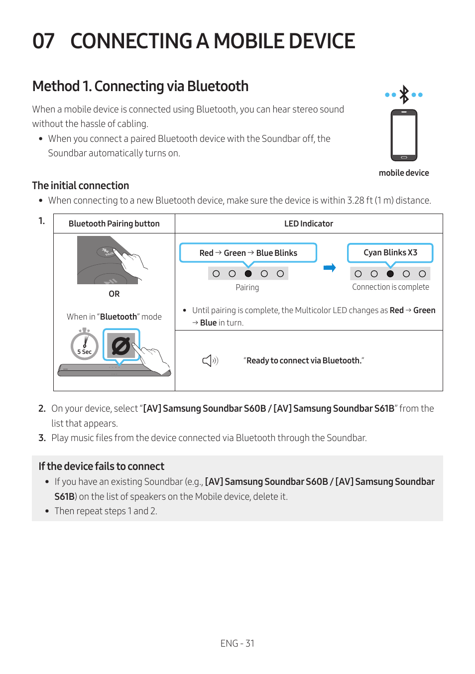 07 connecting a mobile device, Method 1. connecting via bluetooth, Connecting a mobile device | Samsung HW-S60B 5-Channel Soundbar User Manual | Page 31 / 48