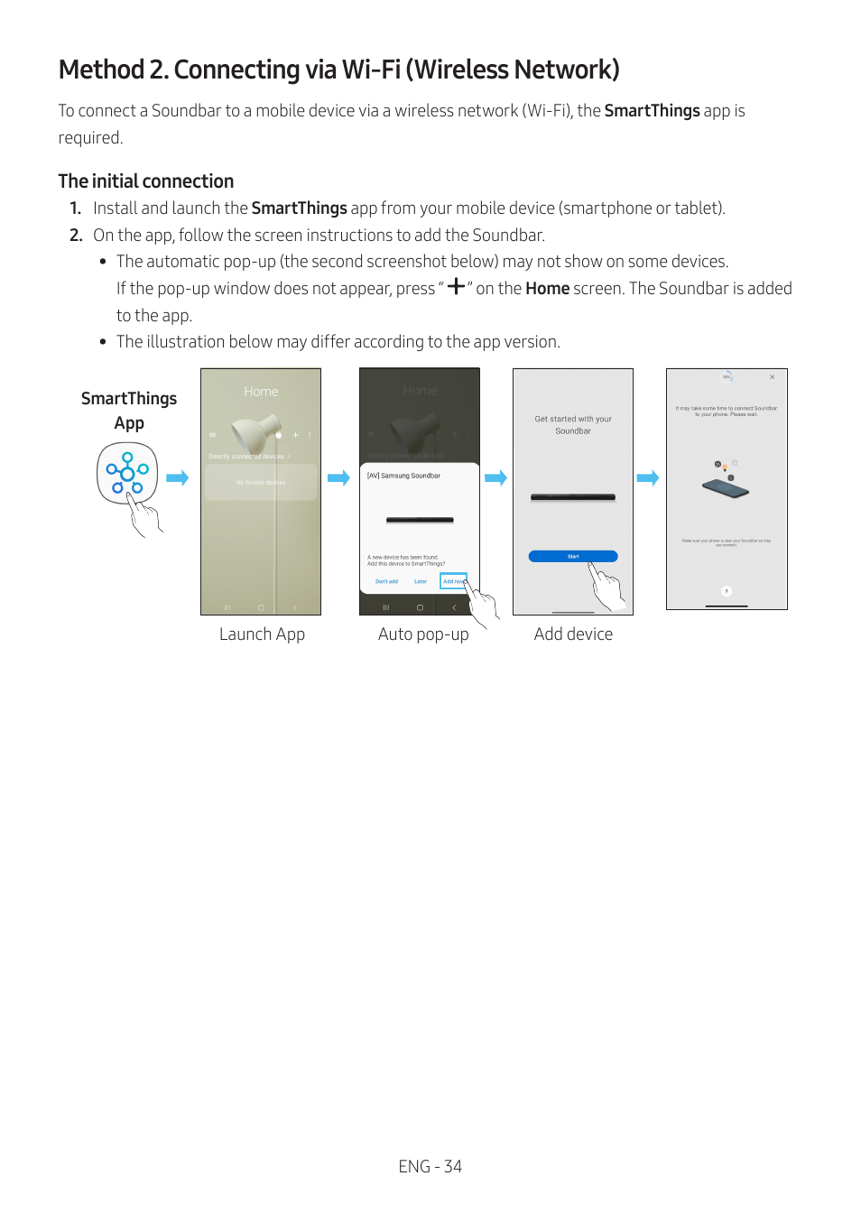 Method 2. connecting via wi-fi (wireless network) | Samsung HW-S60B 5-Channel Soundbar User Manual | Page 34 / 48