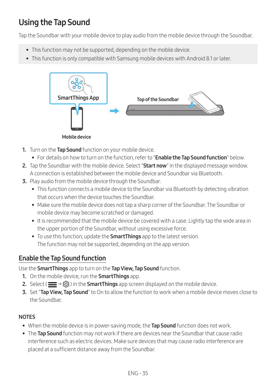 Using the tap sound, Enable the tap sound function | Samsung HW-S60B 5-Channel Soundbar User Manual | Page 35 / 48