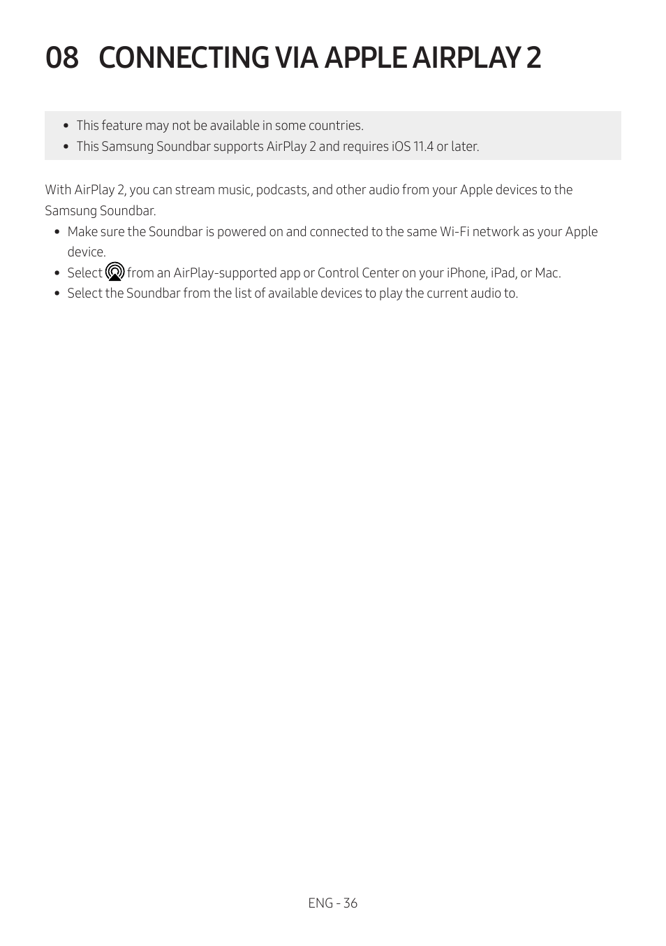 08 connecting via apple airplay 2, Connecting via apple airplay 2 | Samsung HW-S60B 5-Channel Soundbar User Manual | Page 36 / 48