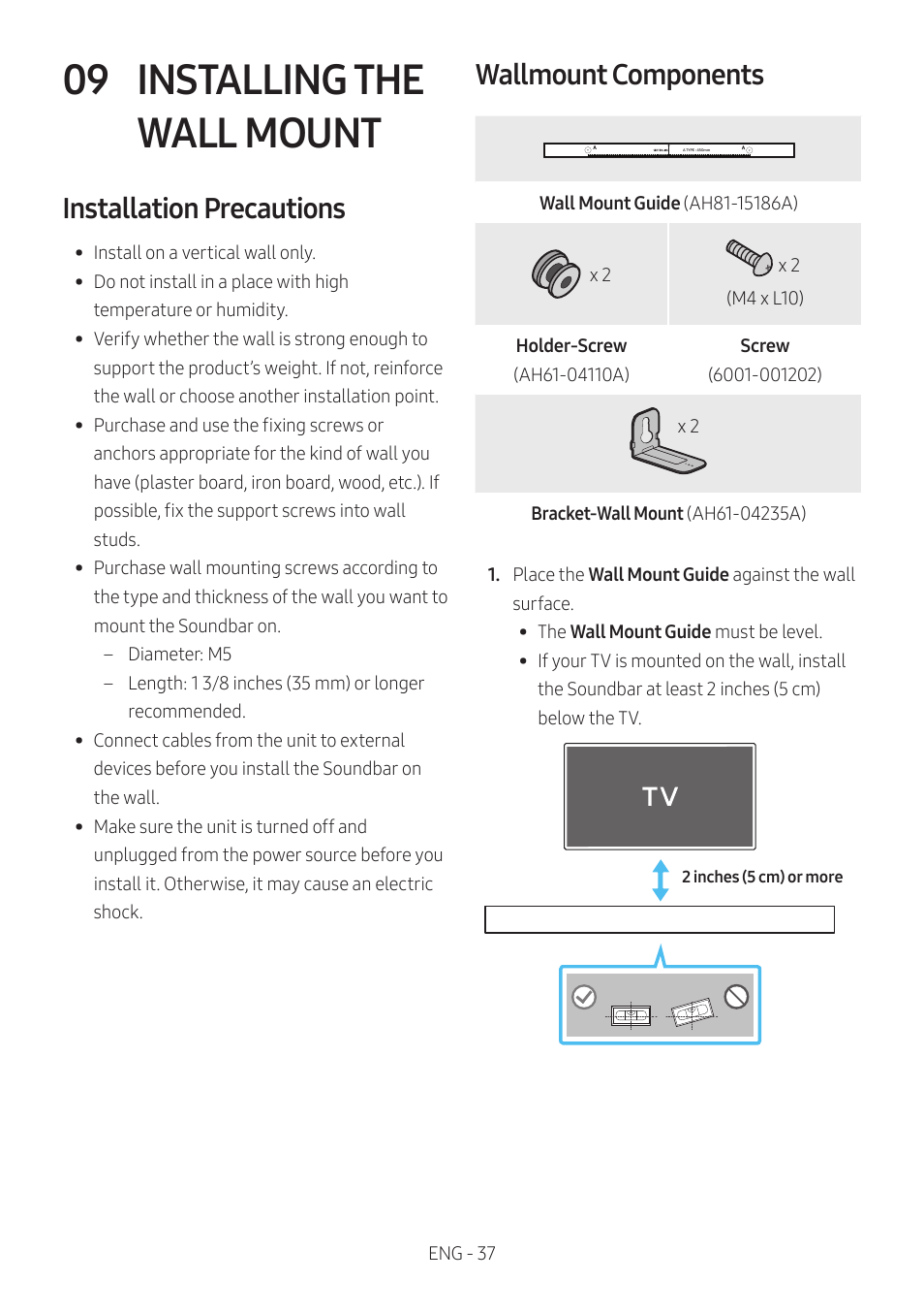 09 installing the wall mount, Installation precautions, Wallmount components | Installing the wall mount | Samsung HW-S60B 5-Channel Soundbar User Manual | Page 37 / 48