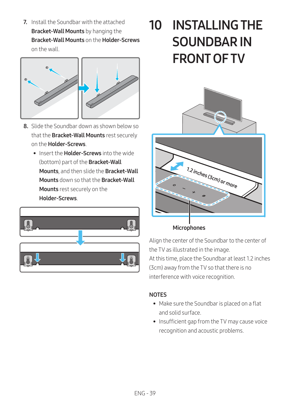 10 installing the soundbar in front of tv, Installing the soundbar in front of tv | Samsung HW-S60B 5-Channel Soundbar User Manual | Page 39 / 48