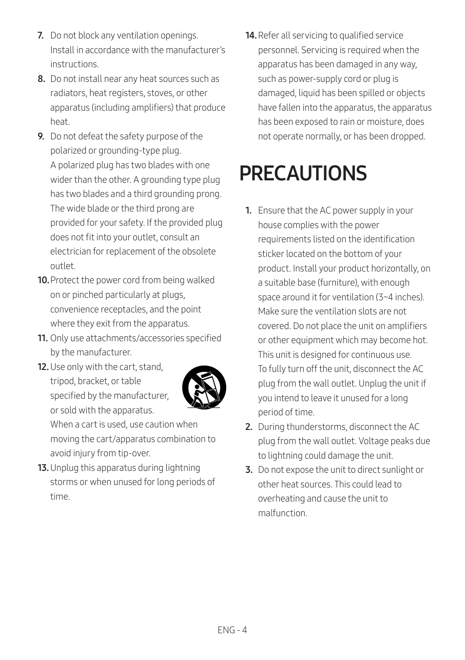 Precautions | Samsung HW-S60B 5-Channel Soundbar User Manual | Page 4 / 48