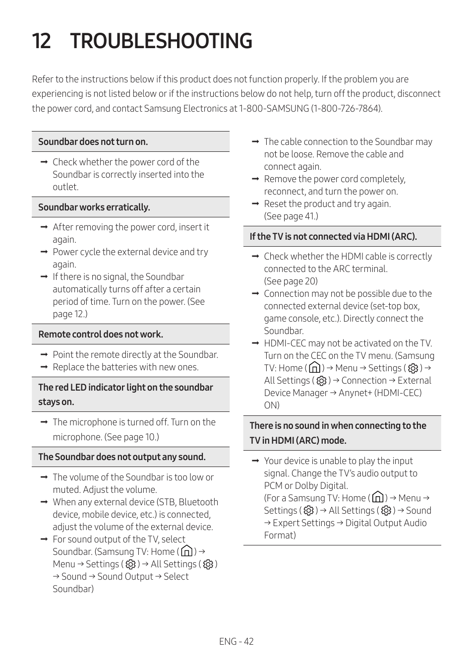 12 troubleshooting | Samsung HW-S60B 5-Channel Soundbar User Manual | Page 42 / 48