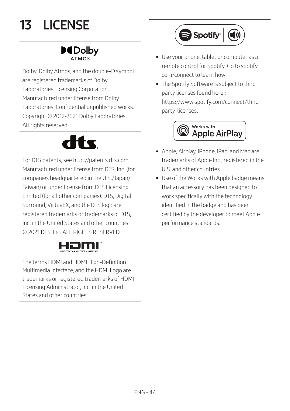 13 license | Samsung HW-S60B 5-Channel Soundbar User Manual | Page 44 / 48