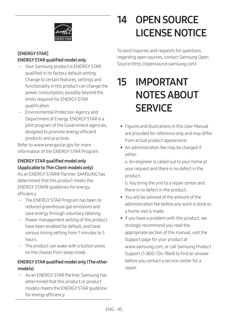 14 open source license notice, 15 important notes about service, Open source license notice | Important notes about service | Samsung HW-S60B 5-Channel Soundbar User Manual | Page 45 / 48