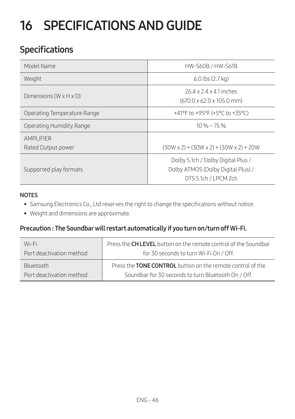16 specifications and guide, Specifications, Specifications and guide | Samsung HW-S60B 5-Channel Soundbar User Manual | Page 46 / 48