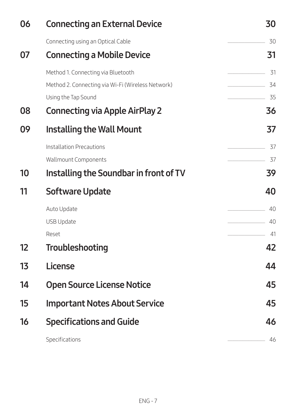 06 connecting an external device 30, 07 connecting a mobile device 31 | Samsung HW-S60B 5-Channel Soundbar User Manual | Page 7 / 48