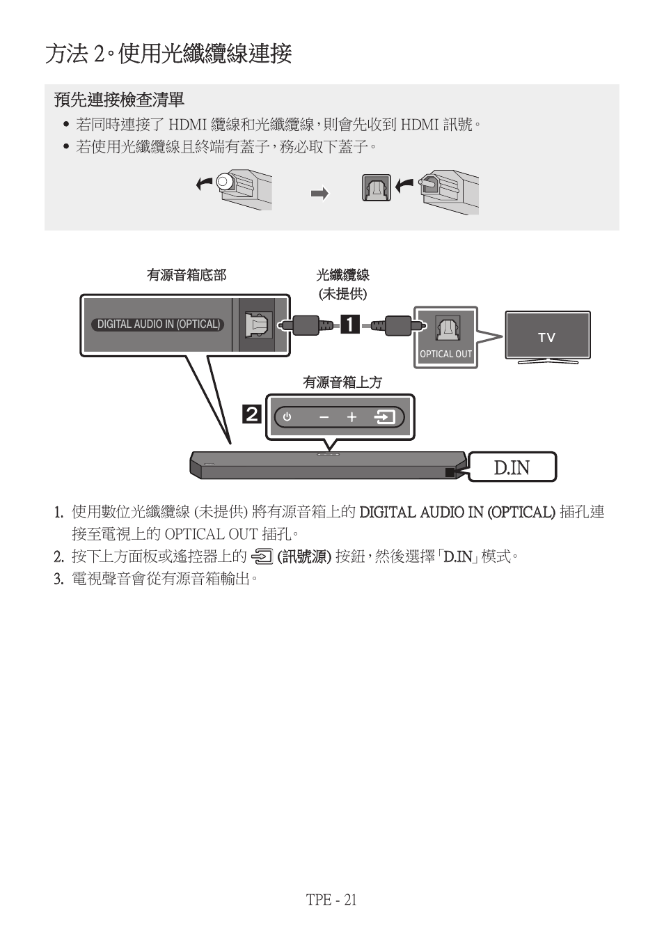 方法 2。使用光纖纜線連接, D.in | Samsung HW-Q600B 3.1.2-Channel Soundbar System User Manual | Page 104 / 127