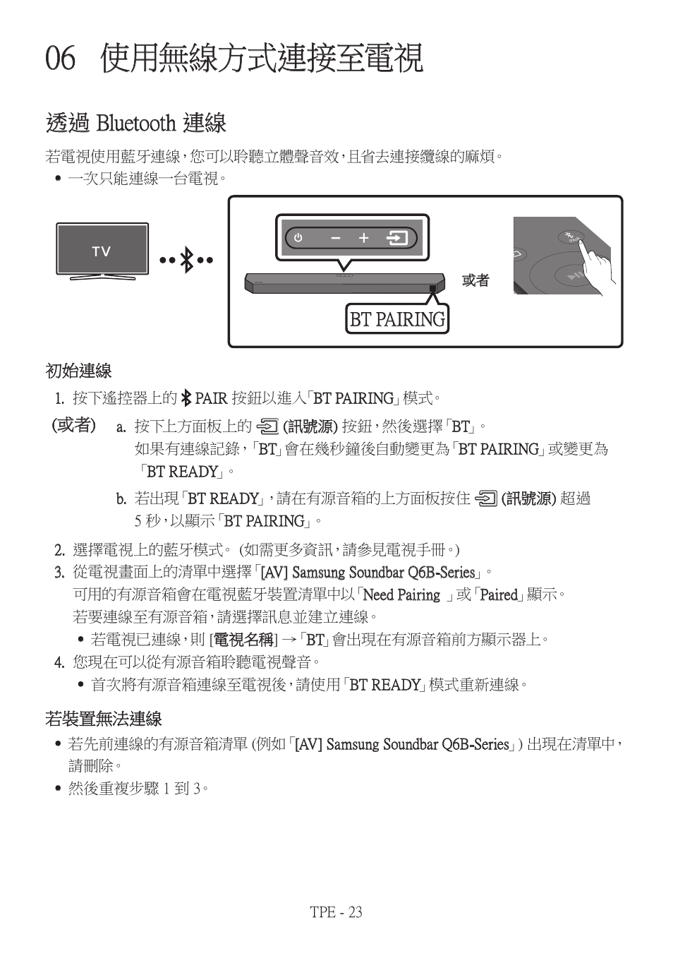 06 使用無線方式連接至電視, 透過 bluetooth 連線, 使用無線方式連接至電視 | Bt pairing | Samsung HW-Q600B 3.1.2-Channel Soundbar System User Manual | Page 106 / 127