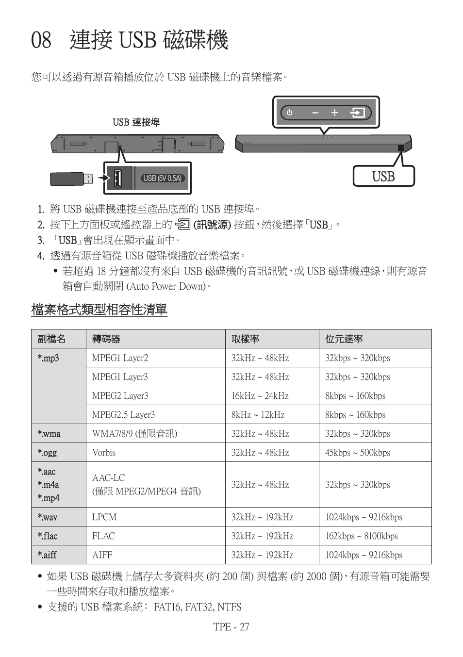 08 連接 usb 磁碟機, 連接 usb 磁碟機, 檔案格式類型相容性清單 | Samsung HW-Q600B 3.1.2-Channel Soundbar System User Manual | Page 110 / 127