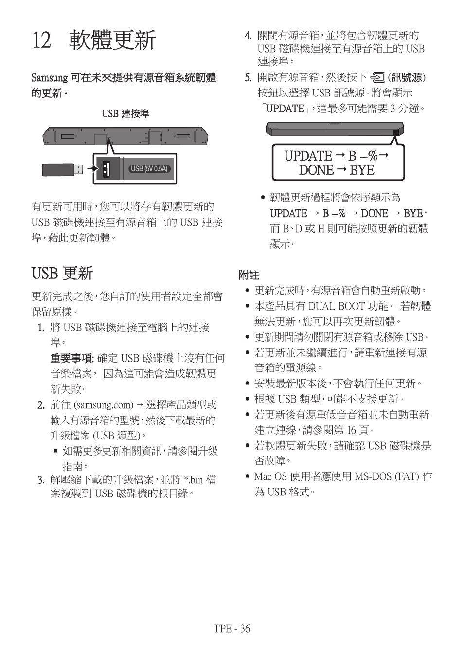 12 軟體更新, Usb 更新, 軟體更新 | Update  b --%  done  bye | Samsung HW-Q600B 3.1.2-Channel Soundbar System User Manual | Page 119 / 127