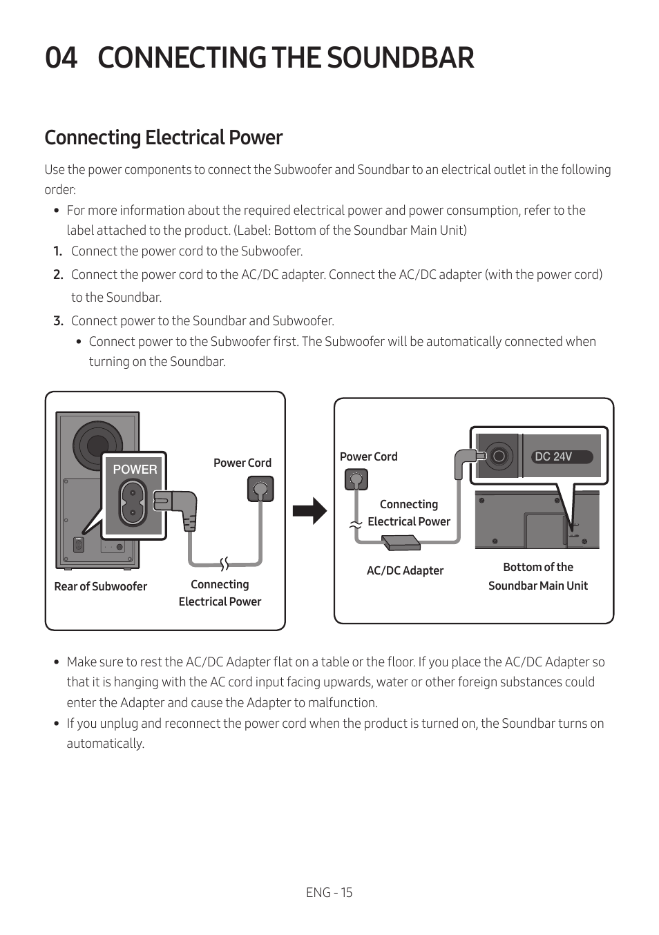 04 connecting the soundbar, Connecting electrical power, Connecting the soundbar | Samsung HW-Q600B 3.1.2-Channel Soundbar System User Manual | Page 15 / 127
