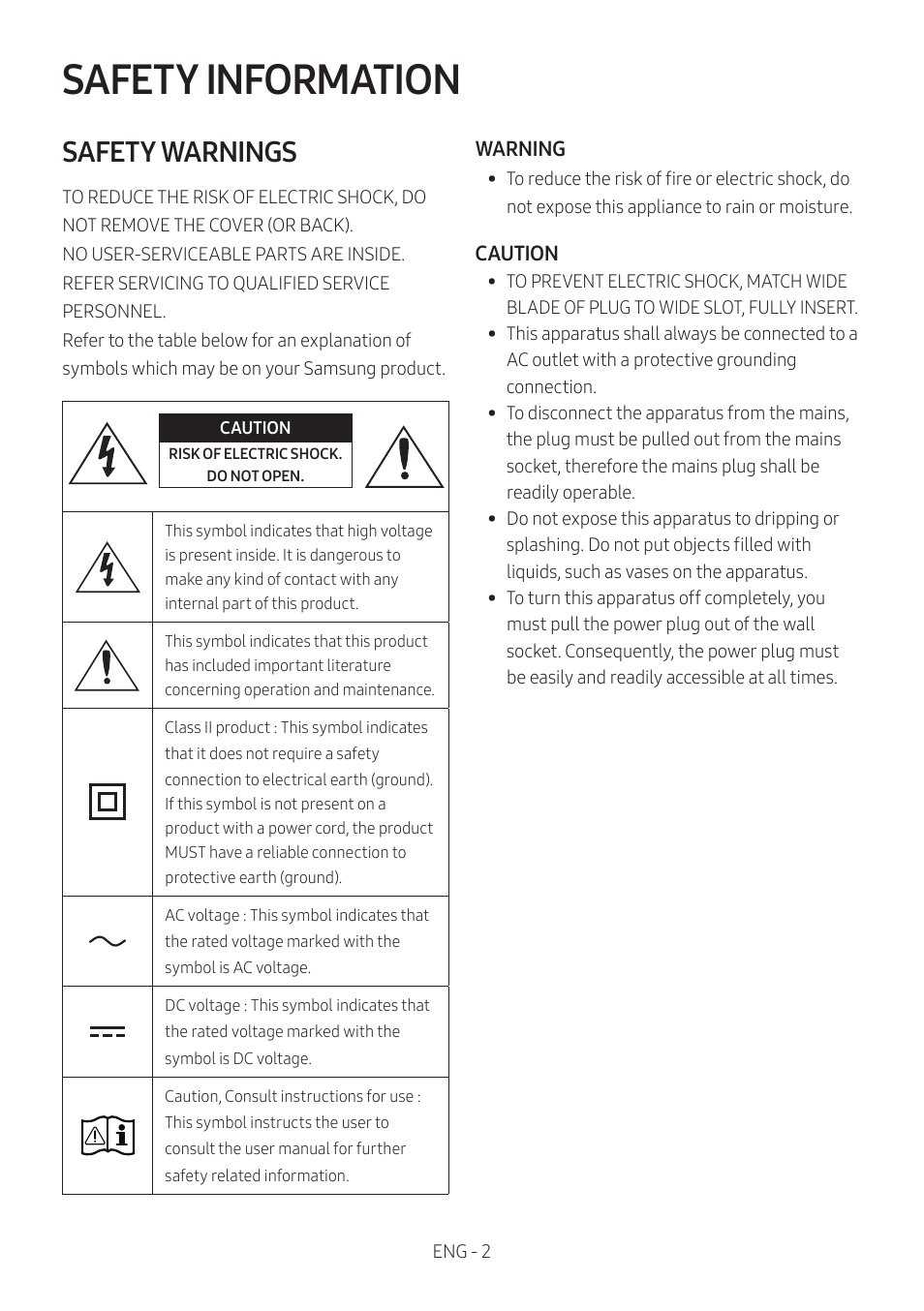 Safety information, Safety warnings | Samsung HW-Q600B 3.1.2-Channel Soundbar System User Manual | Page 2 / 127