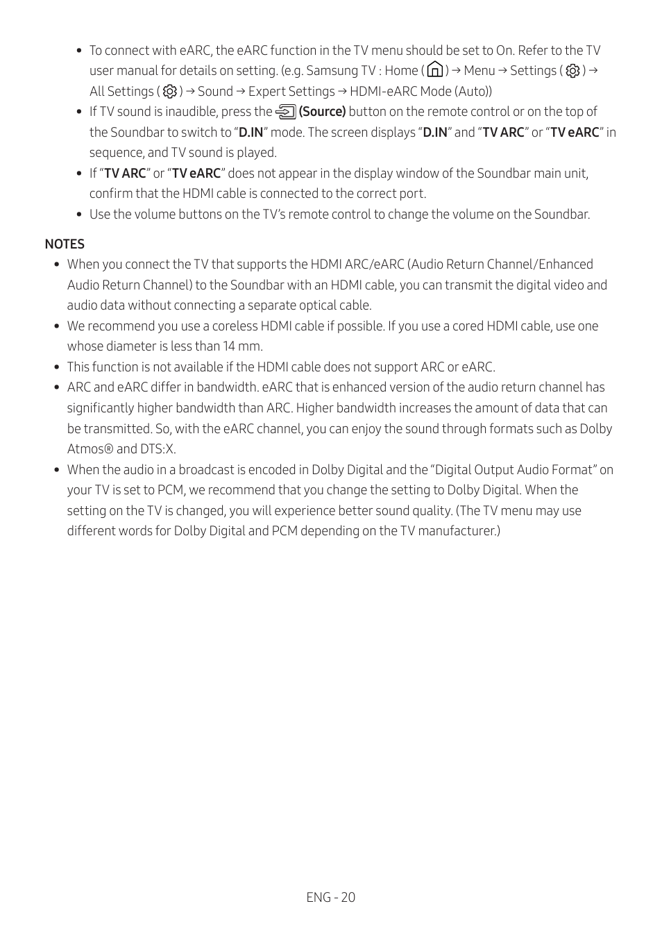 Samsung HW-Q600B 3.1.2-Channel Soundbar System User Manual | Page 20 / 127