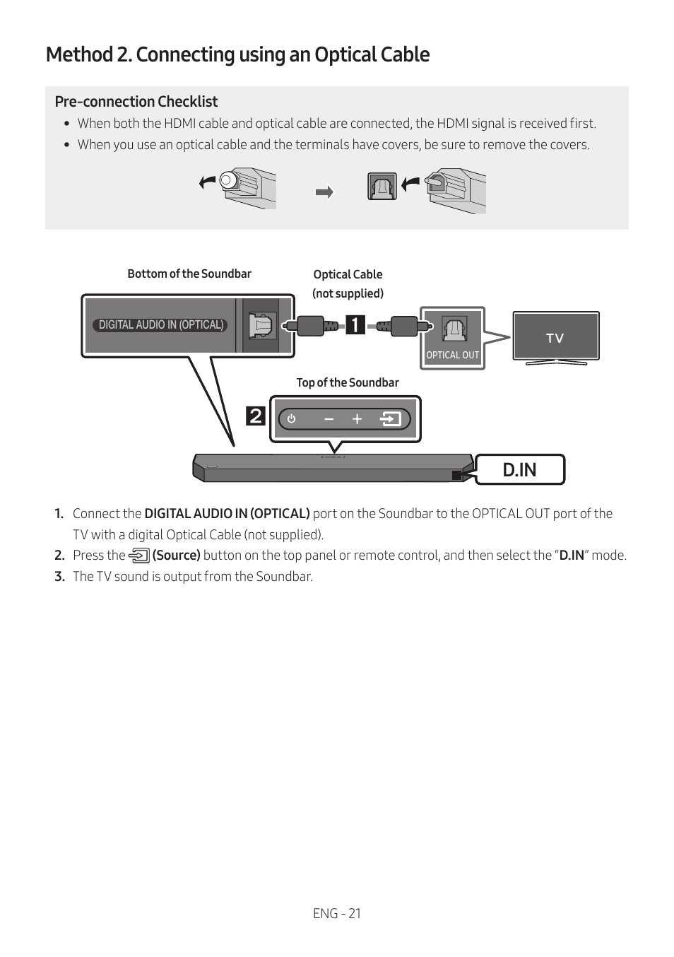 Method 2. connecting using an optical cable, D.in | Samsung HW-Q600B 3.1.2-Channel Soundbar System User Manual | Page 21 / 127