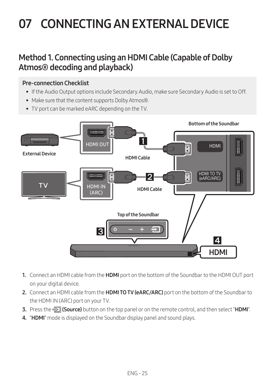 07 connecting an external device, Connecting an external device, Hdmi | Samsung HW-Q600B 3.1.2-Channel Soundbar System User Manual | Page 25 / 127