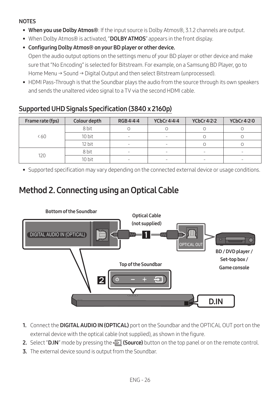 Method 2. connecting using an optical cable, D.in | Samsung HW-Q600B 3.1.2-Channel Soundbar System User Manual | Page 26 / 127