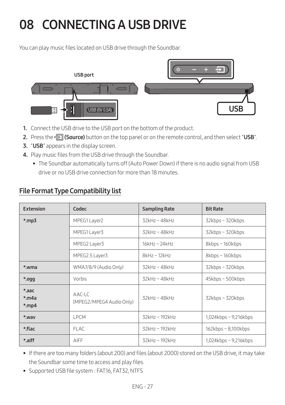 08 connecting a usb drive, Connecting a usb drive, File format type compatibility list | Samsung HW-Q600B 3.1.2-Channel Soundbar System User Manual | Page 27 / 127